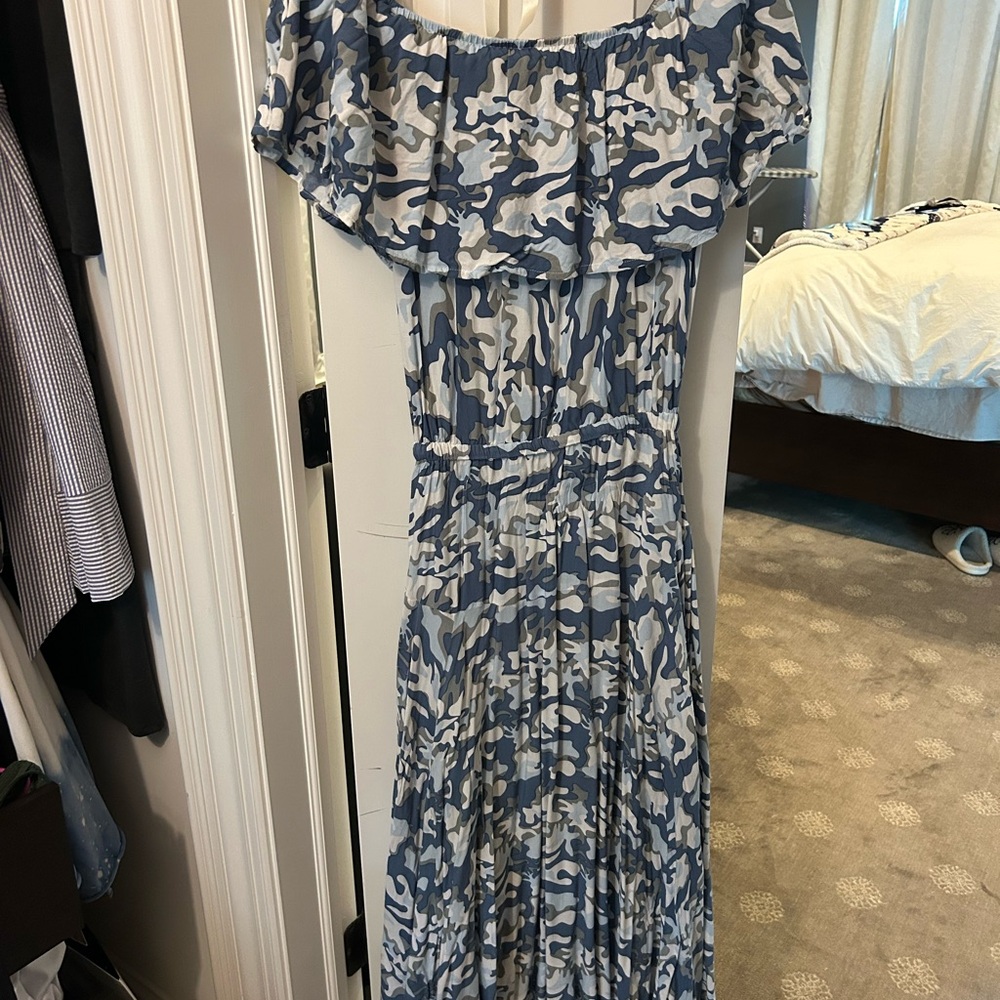 Skemo Blue and White Off-Shoulder Maxi Dress